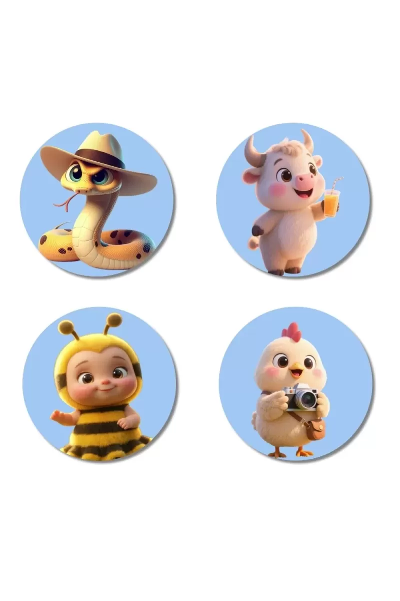 Snake, Cow, Bee, And Chick. Fridge Magnets Ã¢â‚¬â€œ 4 Piece Set | 3 Inch Round Wall Fridge Decor (F23142)