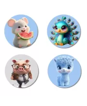 Mouse, Peacock, Pig, And Llama. Fridge Magnets Ã¢â‚¬â€œ 4 Piece Set | 3 Inch Round Wall Fridge Decor (F23143)