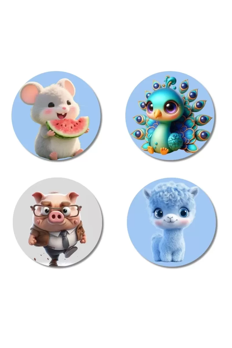 Mouse, Peacock, Pig, And Llama. Fridge Magnets Ã¢â‚¬â€œ 4 Piece Set | 3 Inch Round Wall Fridge Decor (F23143)