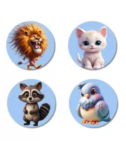Lion, Cat, Raccoon, And Bird. Fridge Magnets Ã¢â‚¬â€œ 4 Piece Set | 3 Inch Round Wall Fridge Decor (F23145)