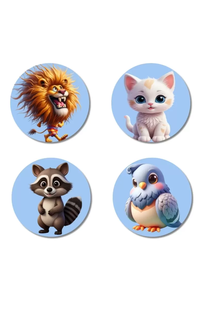 Lion, Cat, Raccoon, And Bird. Fridge Magnets Ã¢â‚¬â€œ 4 Piece Set | 3 Inch Round Wall Fridge Decor (F23145)