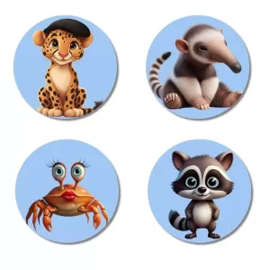 Leopard, Anteater, Crab, And Raccoon. Fridge Magnets Ã¢â‚¬â€œ 4 Piece Set | 3 Inch Round Wall Fridge Decor (F23147)