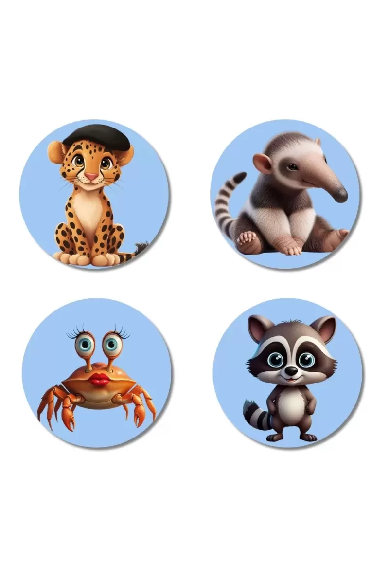 Leopard, Anteater, Crab, And Raccoon. Fridge Magnets Ã¢â‚¬â€œ 4 Piece Set | 3 Inch Round Wall Fridge Decor (F23147)