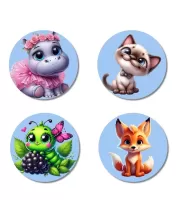 Hippo, Cat, Caterpillar, And Fox. Fridge Magnets Ã¢â‚¬â€œ 4 Piece Set | 3 Inch Round Wall Fridge Decor (F23148)