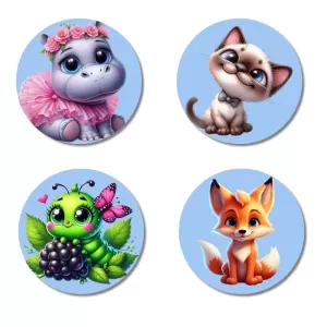 Hippo, Cat, Caterpillar, And Fox. Fridge Magnets – 4 Piece Set | 3 Inch Round Wall Fridge Decor (F23148) Hippo, Cat, Caterpillar, And Fox. Fridge Magnets – 4 Piece Set | 3 Inch Round Wall Fridge Decor (F23148)
