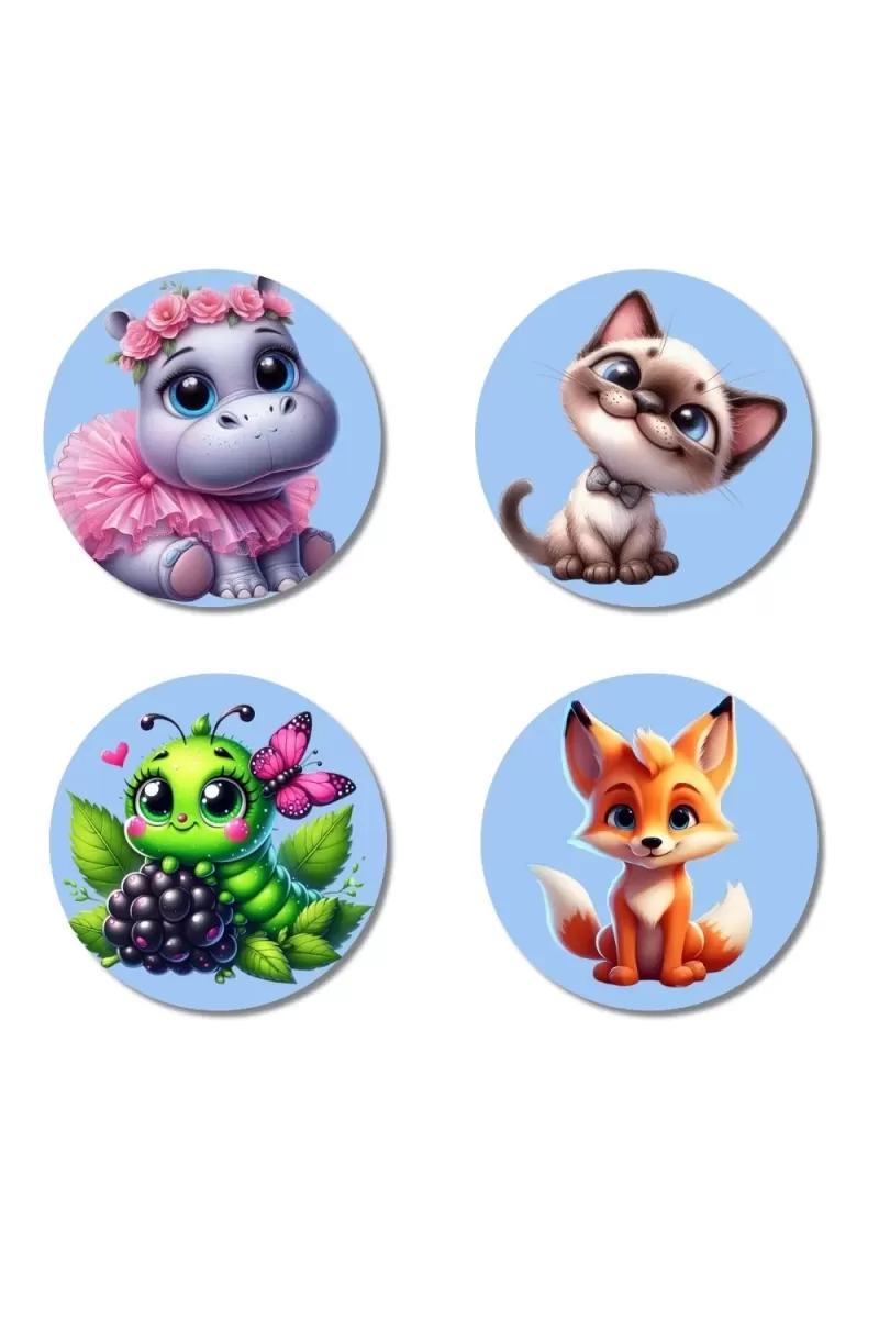 Hippo, Cat, Caterpillar, And Fox. Fridge Magnets Ã¢â‚¬â€œ 4 Piece Set | 3 Inch Round Wall Fridge Decor (F23148)