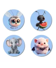 Bee,ant,elephant,hamster Fridge Magnets  4 Piece Set | 3 Inch Round Wall Fridge Decor (F23151)
