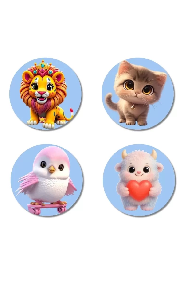 Lion, Kitten, Pink Owl, Yeti Fridge Magnets Ã¢â‚¬â€œ 4 Piece Set | 3 Inch Round Wall Fridge Decor (F23152)