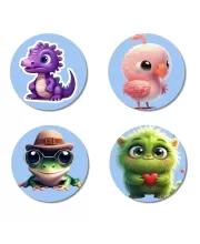 Dragon, Flamingo, Frog, Monster Fridge Magnets Ã¢â‚¬â€œ 4 Piece Set | 3 Inch Round Wall Fridge Decor (F23153)