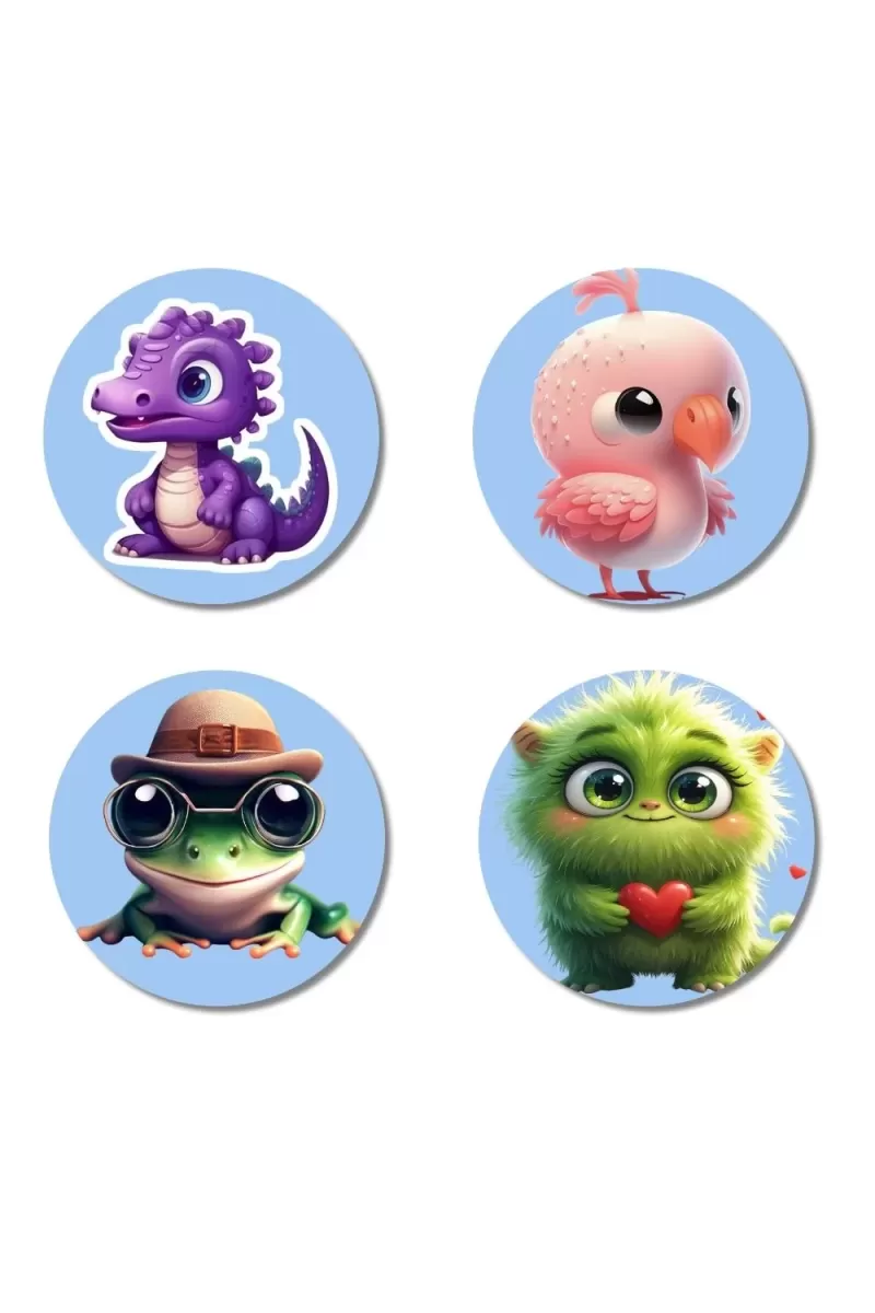 Dragon, Flamingo, Frog, Monster Fridge Magnets Ã¢â‚¬â€œ 4 Piece Set | 3 Inch Round Wall Fridge Decor (F23153)