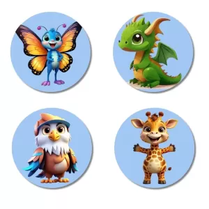 Butterfly, Dragon, Eagle, Giraffe Fridge Magnets Ã¢â‚¬â€œ 4 Piece Set | 3 Inch Round Wall Fridge Decor (F23154)