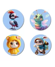 Woodpecker, Caterpillar, Cat In Raincoat, Rabbit On Scooter Fridge Magnets Ã¢â‚¬â€œ 4 Piece Set | 3 Inch Round Wall Fridge Decor (F23155)