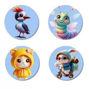 Woodpecker, Caterpillar, Cat In Raincoat, Rabbit On Scooter Fridge Magnets Ã¢â‚¬â€œ 4 Piece Set | 3 Inch Round Wall Fridge Decor (F23155)