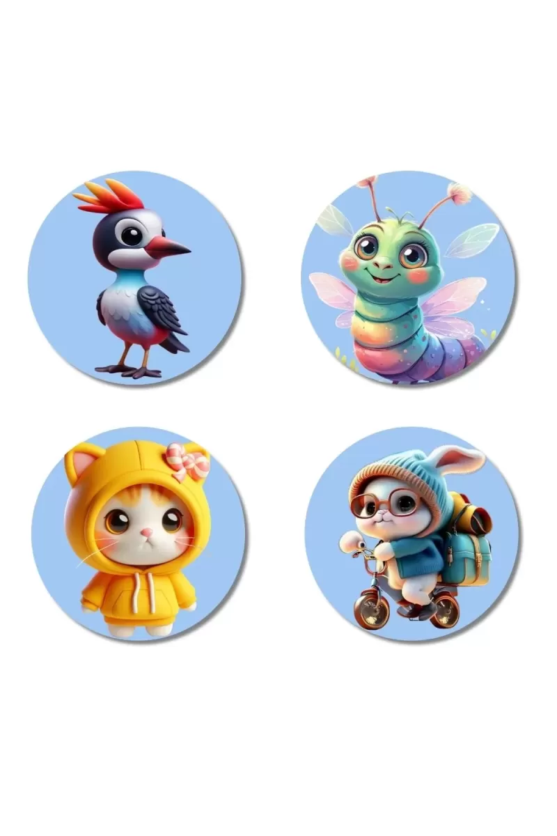 Woodpecker, Caterpillar, Cat In Raincoat, Rabbit On Scooter Fridge Magnets Ã¢â‚¬â€œ 4 Piece Set | 3 Inch Round Wall Fridge Decor (F23155)