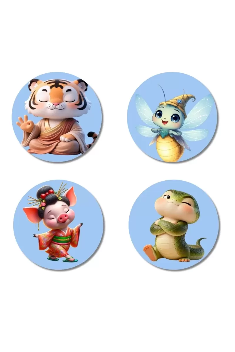 Tiger, Fairy, Pig, Snake Fridge Magnets Ã¢â‚¬â€œ 4 Piece Set | 3 Inch Round Wall Fridge Decor (F23156)