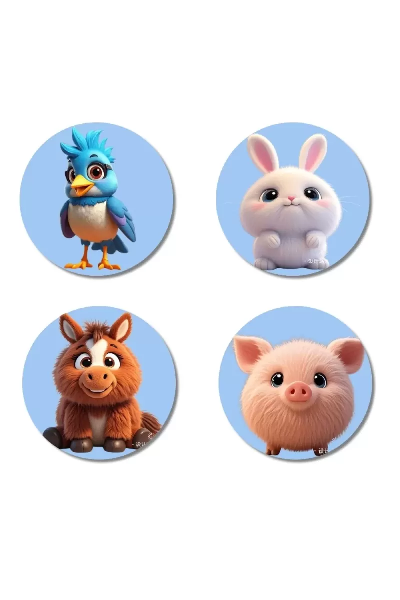 Blue Jay, Rabbit, Horse, Piglet Fridge Magnets Ã¢â‚¬â€œ 4 Piece Set | 3 Inch Round Wall Fridge Decor (F23157)