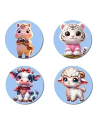 Horse, White Tiger, Calf, Lamb Fridge Magnets Ã¢â‚¬â€œ 4 Piece Set | 3 Inch Round Wall Fridge Decor (F23159)