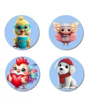 Chick, Butterfly Fairy, Rooster, Puppy Fridge Magnets Ã¢â‚¬â€œ 4 Piece Set | 3 Inch Round Wall Fridge Decor (F23160)