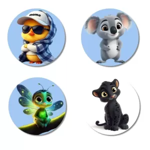 Duckling, Koala, Firefly, Panther Cub Fridge Magnets Ã¢â‚¬â€œ 4 Piece Set | 3 Inch Round Wall Fridge Decor (F23161)