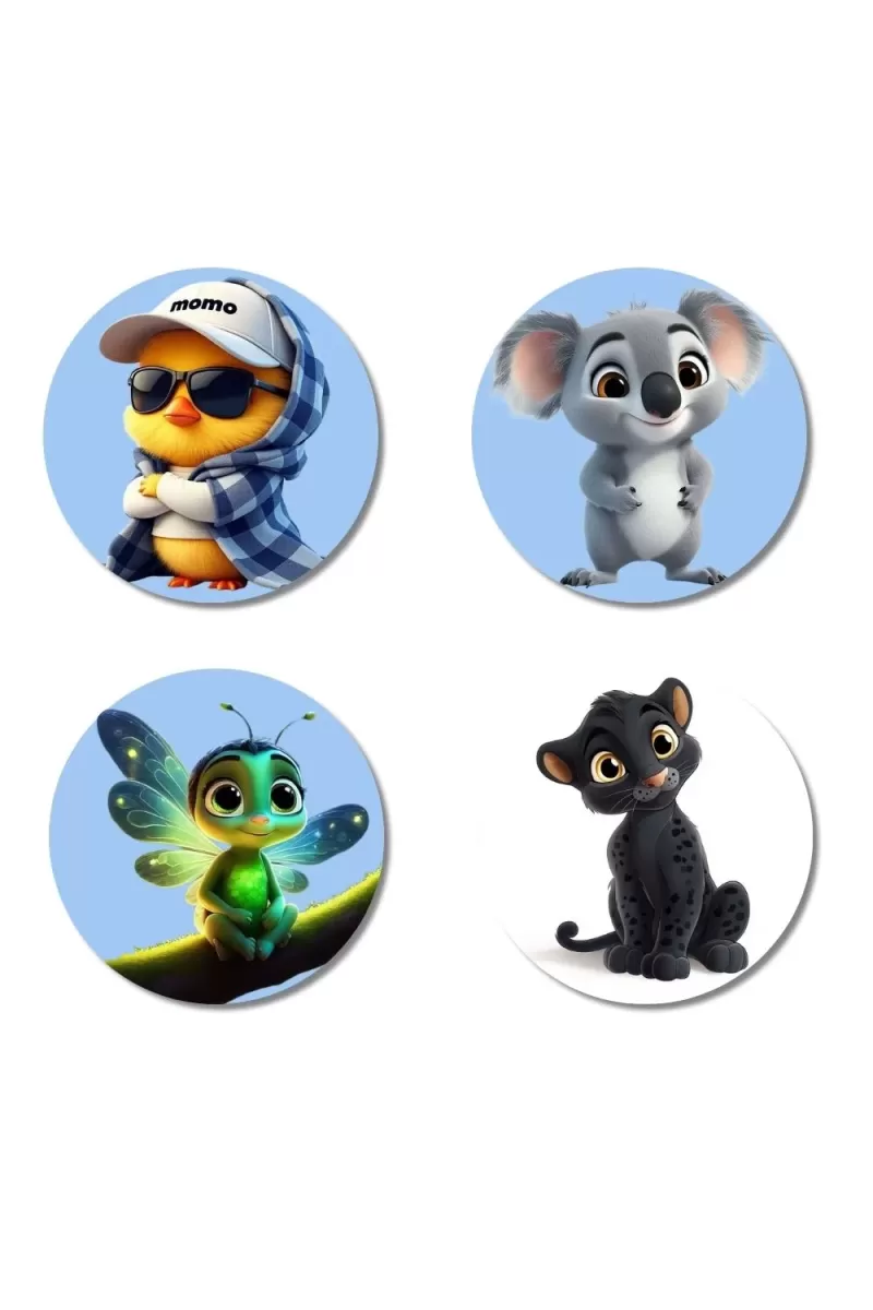 Duckling, Koala, Firefly, Panther Cub Fridge Magnets Ã¢â‚¬â€œ 4 Piece Set | 3 Inch Round Wall Fridge Decor (F23161)