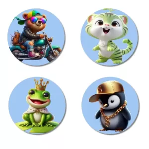 Biker Bear, Green Kitten, Frog Prince, Rapper Penguin Fridge Magnets – 4 Piece Set | 3 Inch Round Wall Fridge Decor (F23162) Biker Bear, Green Kitten, Frog Prince, Rapper Penguin Fridge Magnets – 4 Piece Set | 3 Inch Round Wall Fridge Decor (F23162)