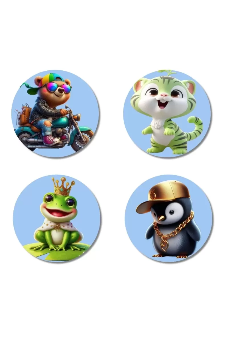Biker Bear, Green Kitten, Frog Prince, Rapper Penguin Fridge Magnets Ã¢â‚¬â€œ 4 Piece Set | 3 Inch Round Wall Fridge Decor (F23162)