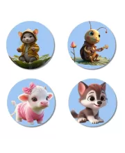 Mouse, Cricket, Calf, Wolf Fridge Magnets Ã¢â‚¬â€œ 4 Piece Set | 3 Inch Round Wall Fridge Decor (F23163)