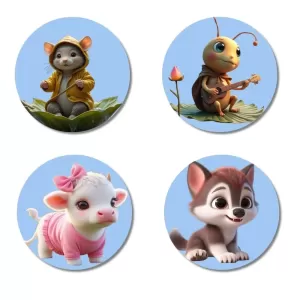 Mouse, Cricket, Calf, Wolf Fridge Magnets Ã¢â‚¬â€œ 4 Piece Set | 3 Inch Round Wall Fridge Decor (F23163)