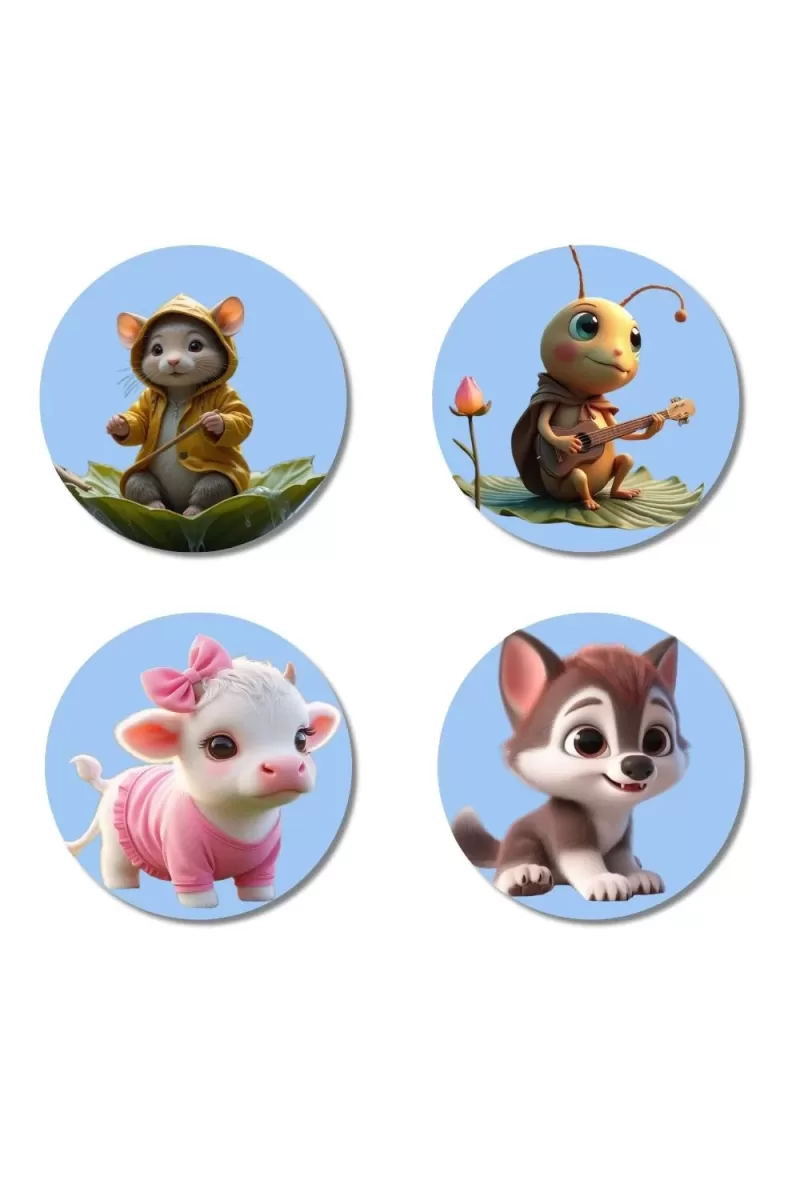 Mouse, Cricket, Calf, Wolf Fridge Magnets Ã¢â‚¬â€œ 4 Piece Set | 3 Inch Round Wall Fridge Decor (F23163)