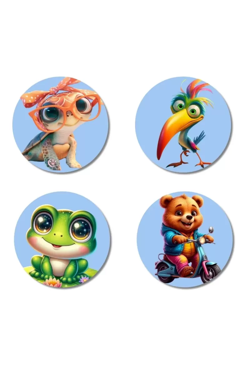 Turtle, Woodpecker, Frog, Bear Fridge Magnets Ã¢â‚¬â€œ 4 Piece Set | 3 Inch Round Wall Fridge Decor (F23165)