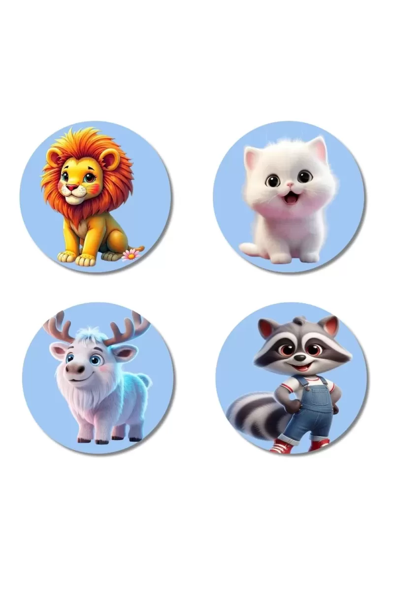Lion, Kitten, Reindeer, Raccoon Fridge Magnets Ã¢â‚¬â€œ 4 Piece Set | 3 Inch Round Wall Fridge Decor (F23167)