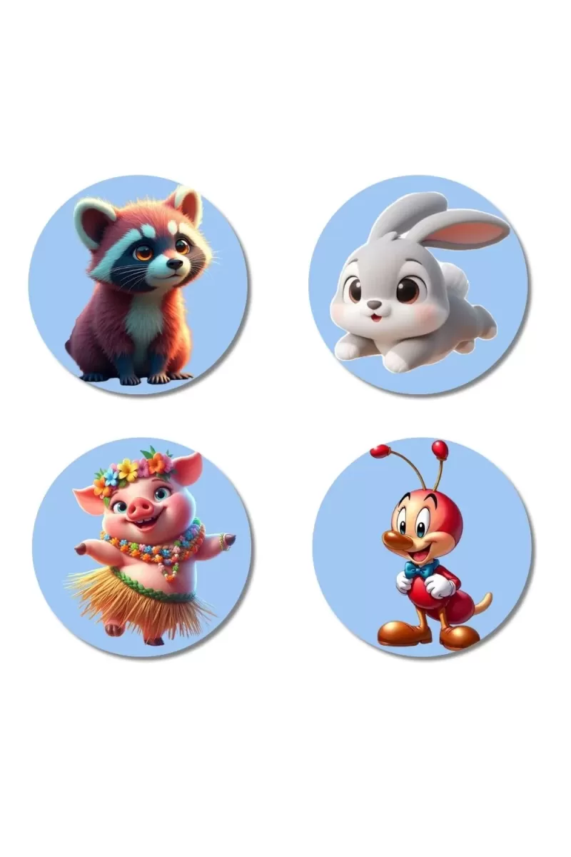 Raccoon, Rabbit, Pig, Ant Fridge Magnets Ã¢â‚¬â€œ 4 Piece Set | 3 Inch Round Wall Fridge Decor (F23168)