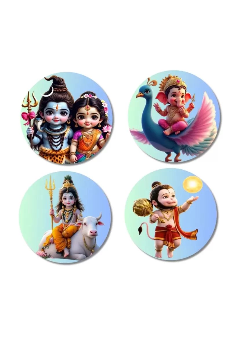 Shiva-Parvati, Ganesha, Shiva, Hanuman Fridge Magnets Ã¢â‚¬â€œ 4 Piece Set | 3 Inch Round Wall Fridge Decor (F23179)