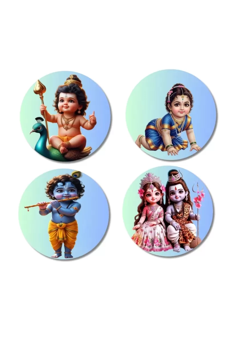 Kartikeya, Lakshmi, Krishna, Radha-Krishna Fridge Magnets Ã¢â‚¬â€œ 4 Piece Set | 3 Inch Round Wall Fridge Decor (F23174)