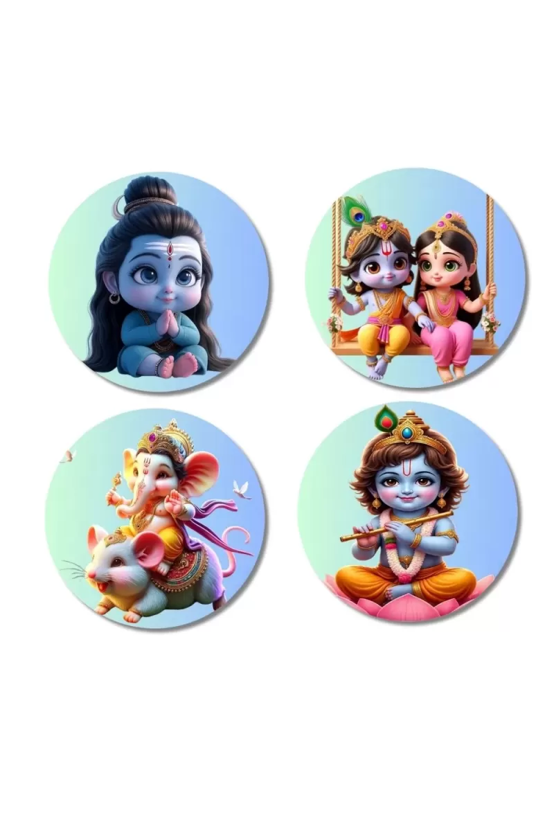 Shiva, Krishna And Radha, Ganesha, Krishna Fridge Magnets Ã¢â‚¬â€œ 4 Piece Set | 3 Inch Round Wall Fridge Decor (F23190)