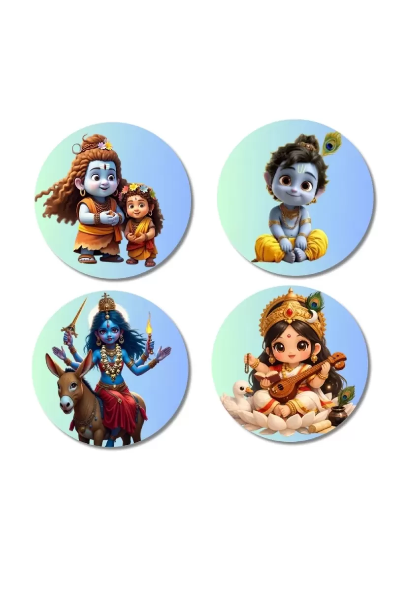 Shiva, Parvati, Krishna, Kalaratri, And Saraswati. Fridge Magnets Ã¢â‚¬â€œ 4 Piece Set | 3 Inch Round Wall Fridge Decor (F23194)