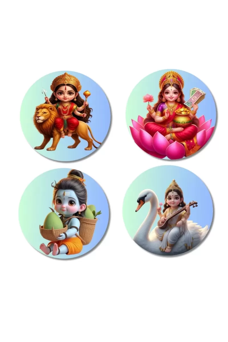 Durga, Lakshmi, Krishna, And Saraswati. Fridge Magnets Ã¢â‚¬â€œ 4 Piece Set | 3 Inch Round Wall Fridge Decor (F23195)