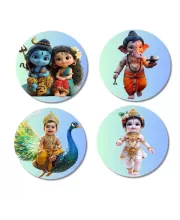 Shiva, Shakti, Ganesha, Kartikeya, And Krishna. Fridge Magnets Ã¢â‚¬â€œ 4 Piece Set | 3 Inch Round Wall Fridge Decor (F23197)
