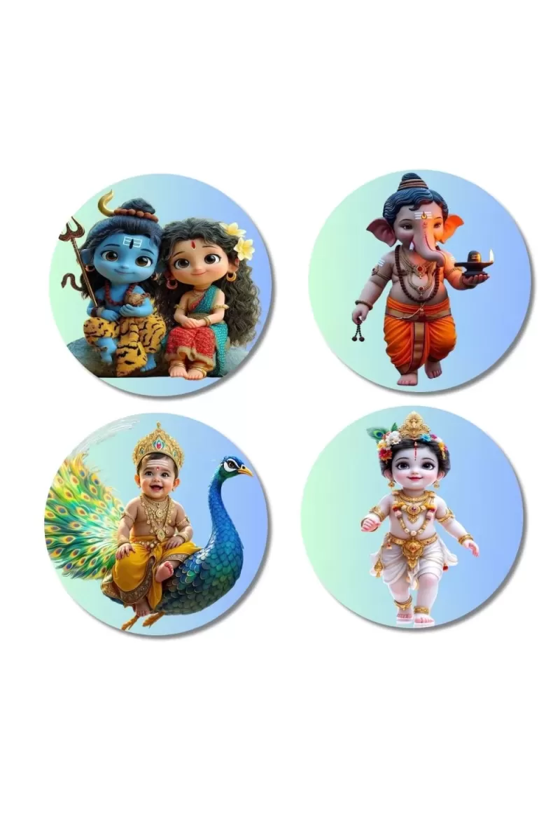 Shiva, Shakti, Ganesha, Kartikeya, And Krishna. Fridge Magnets Ã¢â‚¬â€œ 4 Piece Set | 3 Inch Round Wall Fridge Decor (F23197)