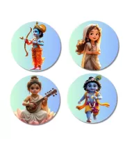 Shiva, Shakti, Ganesha, Kartikeya, And Krishna. Fridge Magnets Ã¢â‚¬â€œ 4 Piece Set | 3 Inch Round Wall Fridge Decor (F23198)