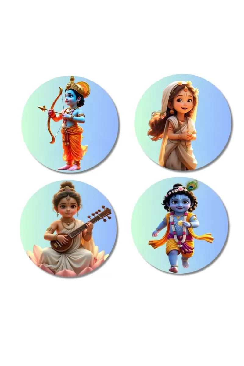 Shiva, Shakti, Ganesha, Kartikeya, And Krishna. Fridge Magnets Ã¢â‚¬â€œ 4 Piece Set | 3 Inch Round Wall Fridge Decor (F23198)