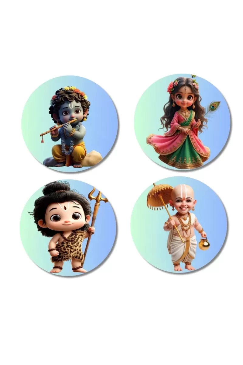 Krishna, Radha, Shiva, And Vamana. Fridge Magnets Ã¢â‚¬â€œ 4 Piece Set | 3 Inch Round Wall Fridge Decor (F23200)