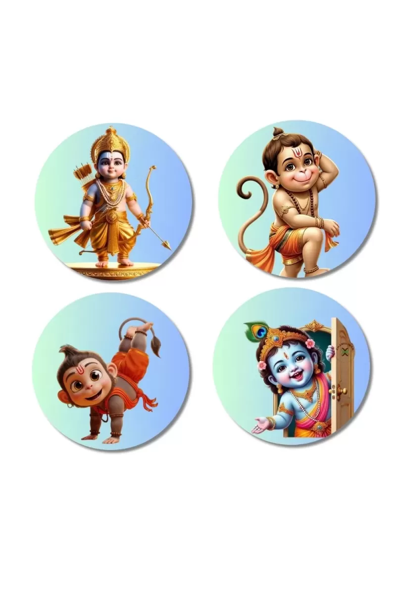 Rama, Hanuman, And Krishna. Fridge Magnets Ã¢â‚¬â€œ 4 Piece Set | 3 Inch Round Wall Fridge Decor (F23202)