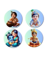 Krishna And Yashoda. Fridge Magnets Ã¢â‚¬â€œ 4 Piece Set | 3 Inch Round Wall Fridge Decor (F23204)