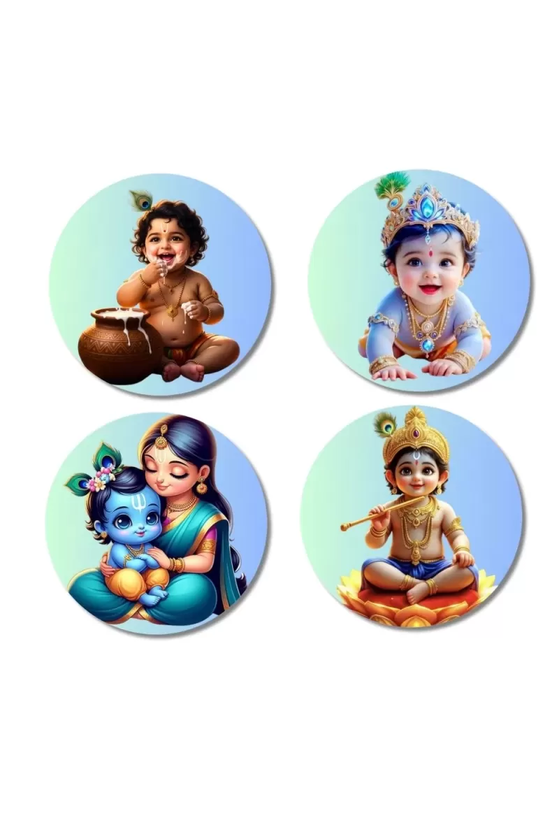 Krishna And Yashoda. Fridge Magnets Ã¢â‚¬â€œ 4 Piece Set | 3 Inch Round Wall Fridge Decor (F23204)