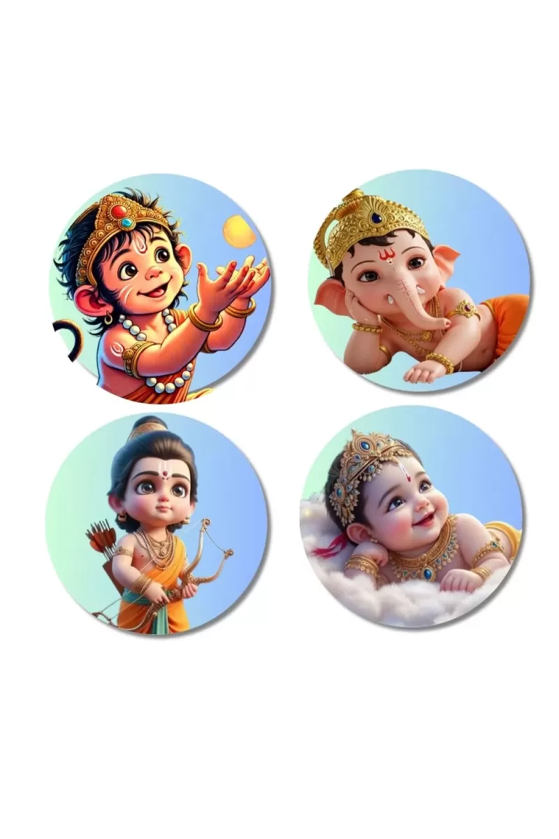 Hanuman, Ganesha, Rama, And Krishna. Fridge Magnets Ã¢â‚¬â€œ 4 Piece Set | 3 Inch Round Wall Fridge Decor (F23206)