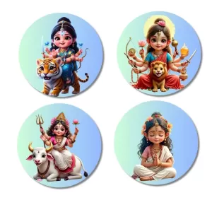 Durga, Mahagauri, And Parvati. Fridge Magnets Ã¢â‚¬â€œ 4 Piece Set | 3 Inch Round Wall Fridge Decor (F23209)