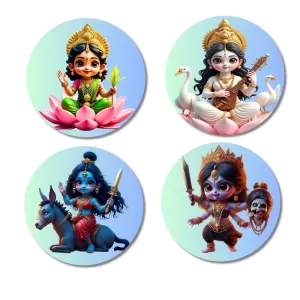 Lakshmi, Saraswati, Kalaratri, And Kali. Fridge Magnets Ã¢â‚¬â€œ 4 Piece Set | 3 Inch Round Wall Fridge Decor (F23210)