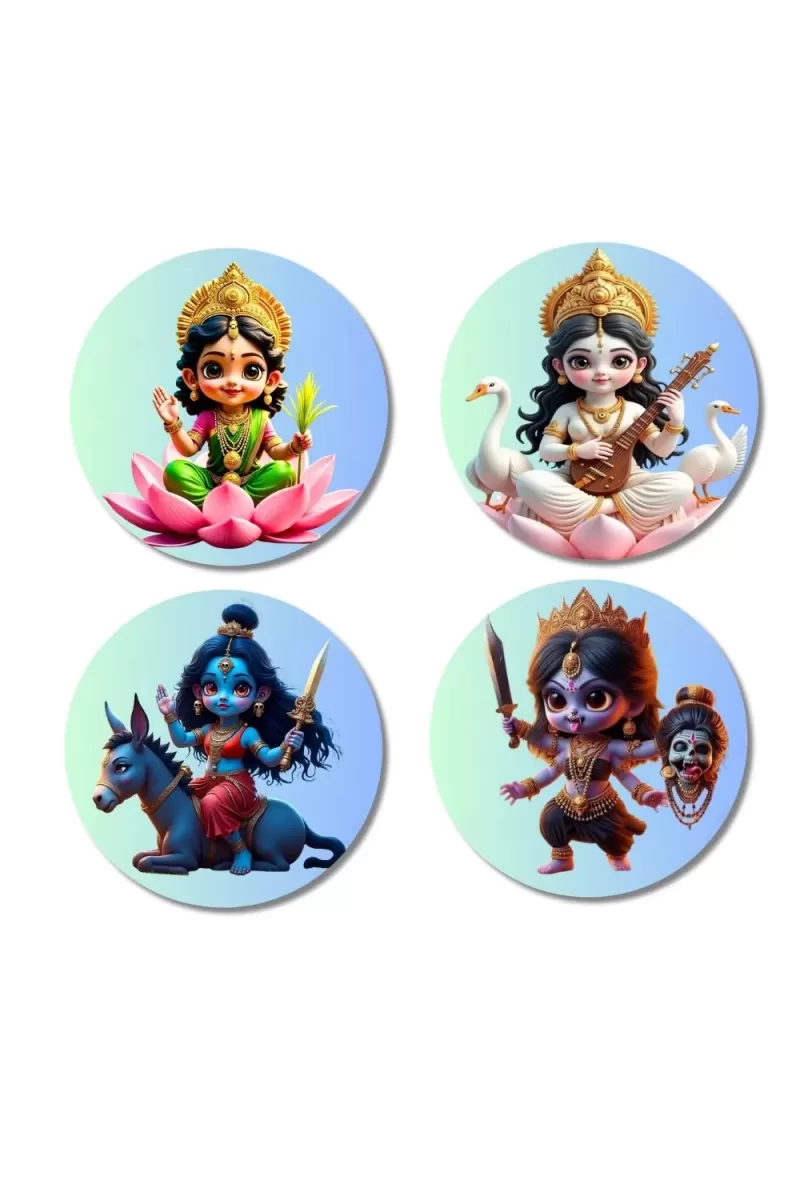Lakshmi, Saraswati, Kalaratri, And Kali. Fridge Magnets Ã¢â‚¬â€œ 4 Piece Set | 3 Inch Round Wall Fridge Decor (F23210)