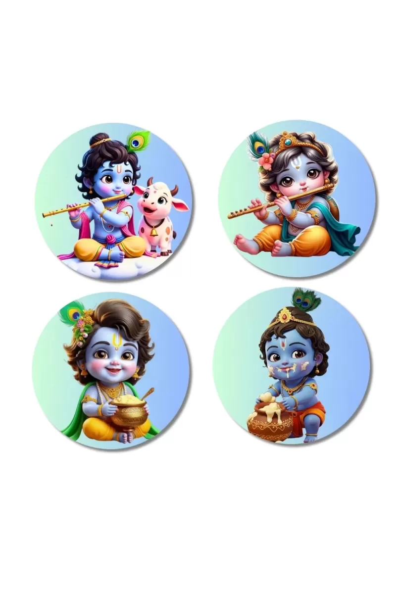Krishna Fridge Magnets Ã¢â‚¬â€œ 4 Piece Set | 3 Inch Round Wall Fridge Decor (F23216)